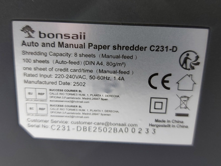 Niszczarka do dokumentów BONSAII C231-D 100 ARK. AUTO, KOSZ 16L