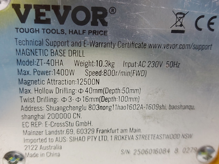 Wiertarka magnetyczna VEVOR ZT-40HA 1400W 40mm 12500N 800 obr/min