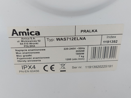 PRALKA WOLNOSTOJĄCA AMICA WAS712ELINA 7kg 1200obr