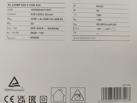 Panel LED 625x625mm 33W 4000K 3630lm biały Ledvance