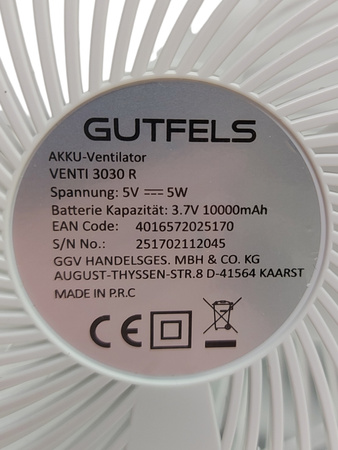 Wentylator Gutfels Venti 3030 R USB 4-stopniowy składany biały 20h pracy
