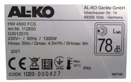 POMPA WODY AL-KO COMFORT HW 4500 FCS 1300W 4500 l/h 3,8 bar 17l