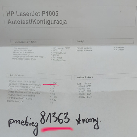 Drukarka laserowa HP LaserJet P1005 Przebieg 8745 stron