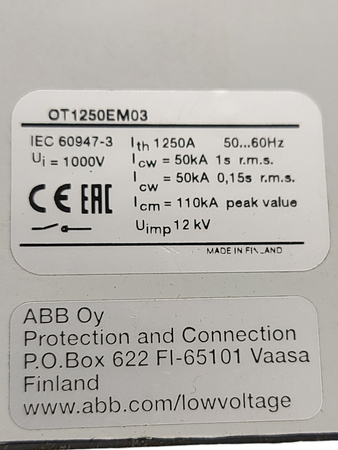 Rozłącznik izaolacyjny ABB uziemiający GE OT1250EM03P IEC 60947-3