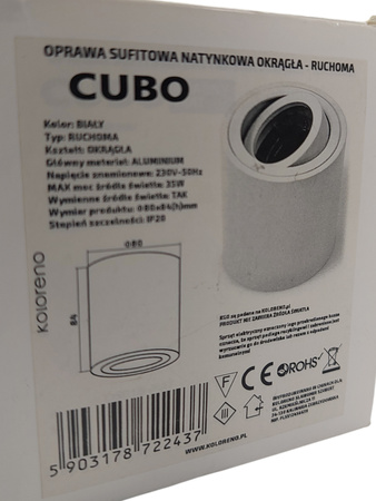 OPRAWA SUFITOWA NATYNKOWA OKRĄGŁA-RUCHOMA KOLORENO CUBO GU10 BIAŁA