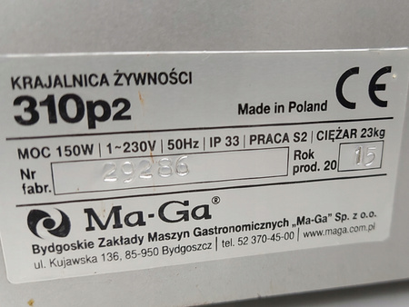 Krajalnica do wędlin grawitacyjna 150W 250mm 0-16mm Ma-Ga 310p2