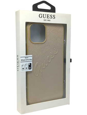 Etui plecki Guess Saffiano Vintage Script do Apple iPhone 12 Pro Max Gold
