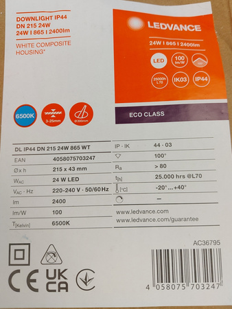 Oprawa Podtynkowa Lampa LED 24W 2400lm IP44 4000K Downlight 21,5cm LEDVANCE