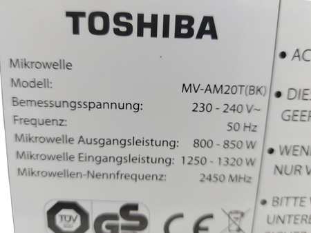 WOLNOSTOJĄCA KUCHENKA MIKROFALOWA TOSHIBA MV-AM20TBK 20L EMAILIOWANA 800W