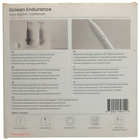 Szczoteczka soniczna Oclean Endurance Biała 72000 ruchów 2 tryby 30 dni
