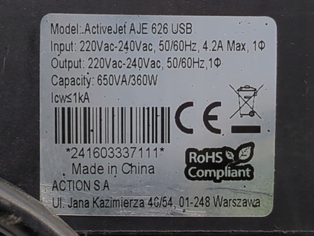 Zasilacz awaryjny UPS ActiveJet AJE 626 USB 650VA 360W