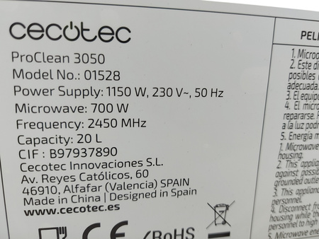Kuchenka mikrofalowa Cecotec ProClean 3050 700 W 20 litrów