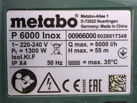 Pompa ogrodowa Metabo P 6000 Inox 1300W 6000l/h 5,5 bar 24L