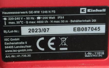 Zestaw hydroforowy Einhell GE-WW 1246 N FS 1200W 4600l/h 5 bar 20l