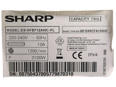 Pralka SHARP ES-HFB712AWC 7 kg 1200 obr./min