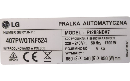 Pralka LG F-12B8NDA7 6kg 1200 obr./min