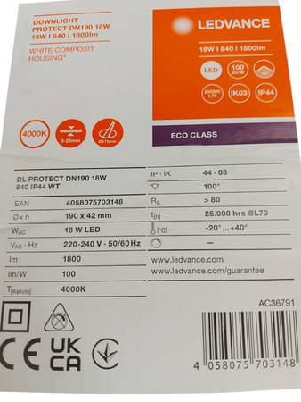 OPRAWA ŚWIETLNA DOWNLIGHT IP44 P/T LED IP44 18W 1800lm 4000K LEDVANCE