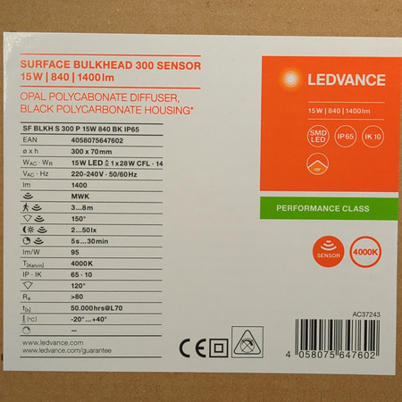 Oprawa LED Ledvance SF BLKH S 300 P 15W 840 BK IP65