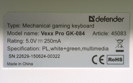 Klawiatura przewodowa Defender VEXX GK-084 MECHANICZNA podświetlana