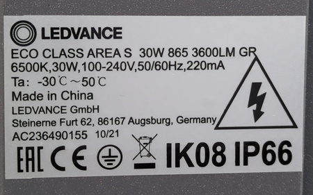 Lampa uliczna LED Ledvance ECO Area 30W 6500K 3600lm IP66 szara