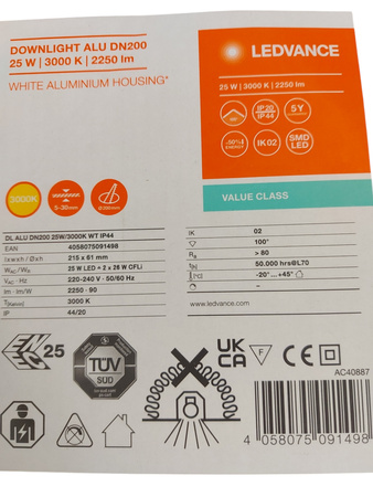 Oprawa Podtynkowa LED 25W 2250lm IP44 3000K Downlight 21,5cm LEDVANCE