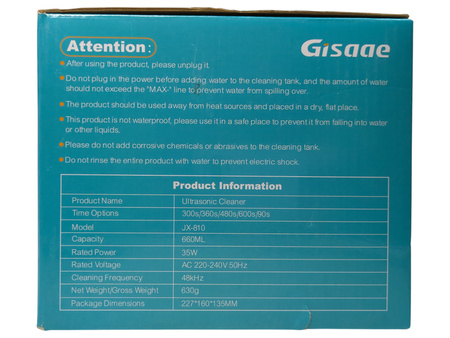 Myjka ultradźwiękowa Gisaae JX-810 48kHz 400ml 4 tryby