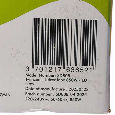 Sokowirówka Twinzee 850W 2 prędkości 75mm 1l 2l