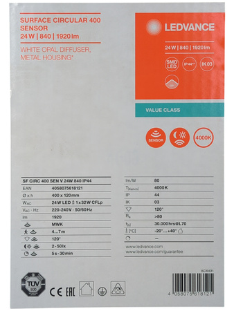 Plafon LED Ledvance Surface 40cm 24W 4000K IP44 czujnik ruchu