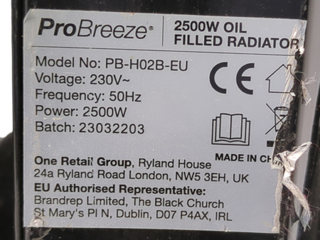 GRZEJNIK ELEKTRYCZNY OLEJOWY PROBREEZE PB-H02B-EU 2500W CZARNY