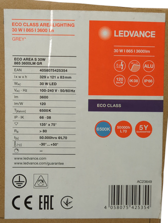 Lampa uliczna LED Ledvance ECO Area 30W 6500K 3600lm IP66 szara