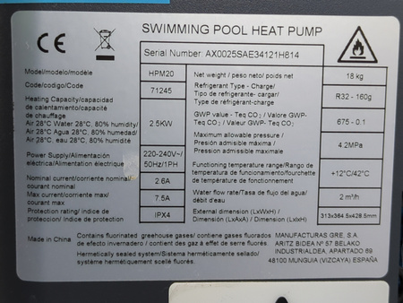 POMPA CIEPŁA DO BASENU PODGRZEWAJĄCA GRE HPM20 71245 2,5KW