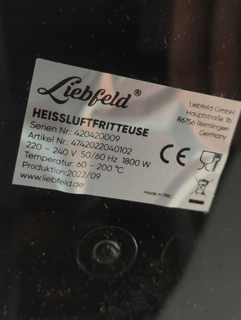 Frytkownica beztłuszczowa Liebfeld na gorące powietrze 5,3l 1800W Airfryer