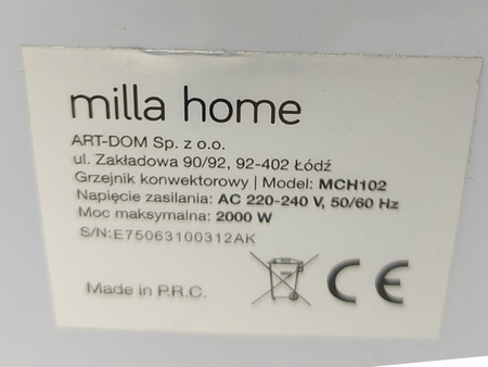 Grzejnik elektryczny konwektorowy MILLA HOME MCH102 2000W Biały