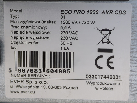 Zasilacz awaryjny UPS EVER Eco Pro 1200 AVR CDS 1200VA 780W
