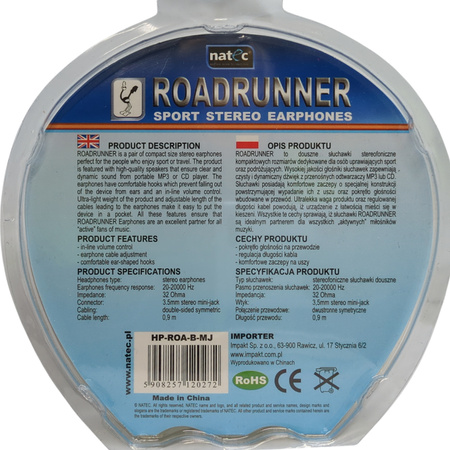 DOUSZNE SŁUCHAWKI NATEC ROADRUNNER SPORT STEREO EARPHONES