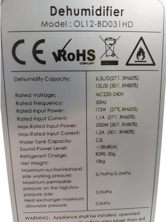 OSUSZACZ POWIETRZA OL12-BD031HD 2000W 2,2L 3,2MPa
