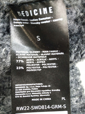 SWETER DAMSKI MEDICINE ROZMIAR S SZARY