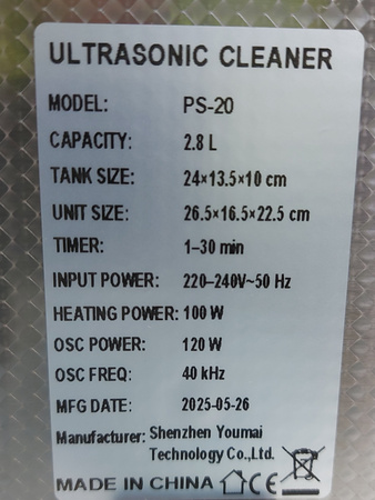 Myjka ultradźwiękowa wanna 2.8 litra 100W TIMER PS20