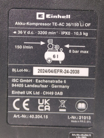 Kompresor akumulatorowy bezolejowy Einhell TE-AC 36/150 Li OF.