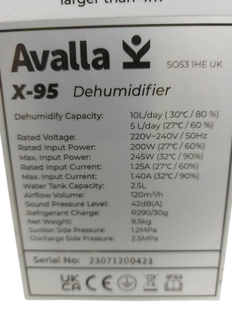 Osuszacz powietrza AVALLA x-95 S053 1HE UK 120m3/h