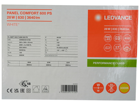 Panel LED Ledvance Comfort 60x60cm 28W 3640lm 3000K IP40