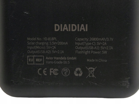 DIAIDIAI YD-818PL Solarny PowerBank 26800 mAh