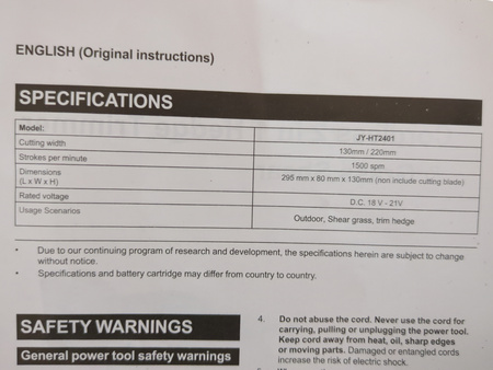 Nożyce akumulatorowe do żywopłotu JY-HT2401