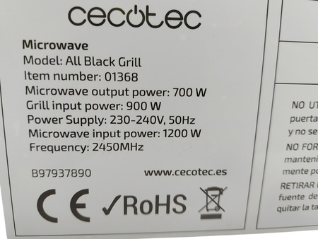 Kuchenka mikrofalowa Cecotec All Black 1368 700W 20l grill