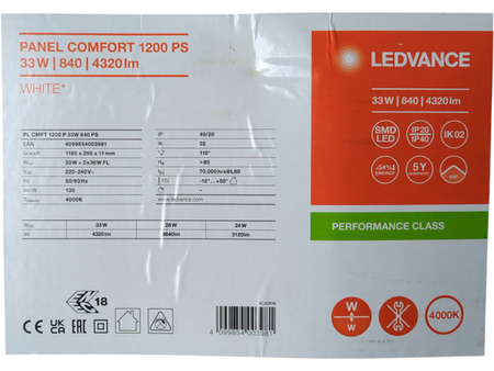 Panel LED Ledvance Comfort 120x30cm 33W 4320lm 4000K UGR<19