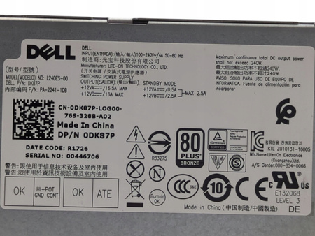 Zasilacz komputerowy Dell L240ES-00 DK87P 80 Plus Bronze do Dell OptiPlex