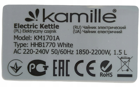 CZAJNIK ELEKTRYCZNY BEZPRZEWODOWY SZKLANY 1,5L 2200W BIAŁY PODŚWIETLANY