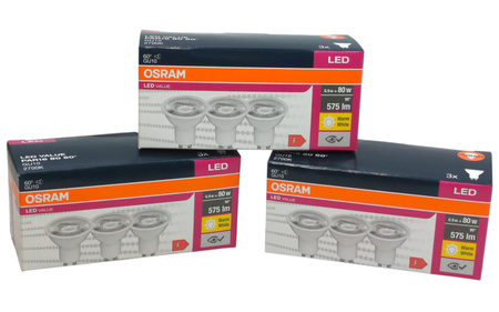 Zestaw 9 żarówek LED OSRAM VALUE PAR16 GU10 827 6,9W=80W 575lm 2700K ciepła