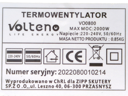 Termowentylator Volteno VO0800 2000W 2 stopnie mocy czarny