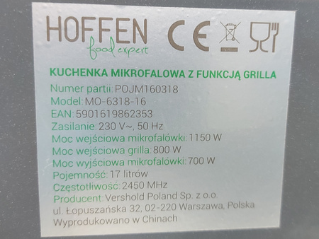 Kuchenka mikrofalowa HOFFEN MO-6318-16 17L 800W Szara